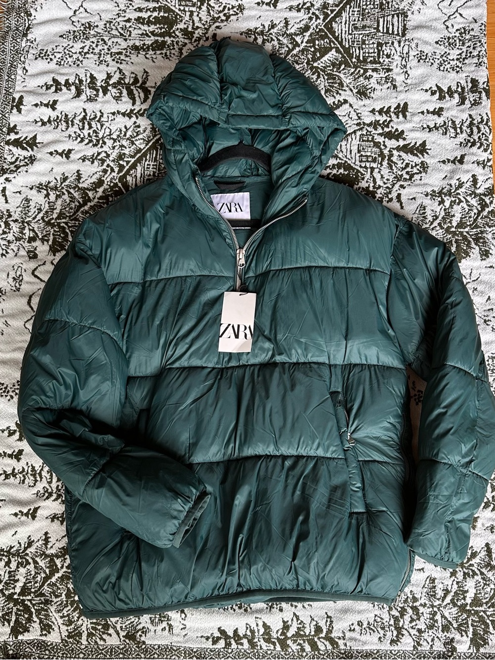 Zara Dark Green Hooded Puffer Jacket
